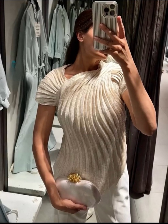 Zara Tops - Zara NWT ZW COLLECTION luxurious Pleated Short Sleeve champagne cream formal Top